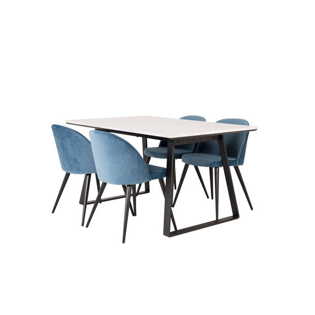 Estelle eethoek eetkamertafel marmer wit en 4 Velvet eetkamerstal velours blauw, zwart.