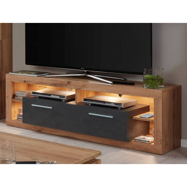 Rock TV-meubel 150 cm 1 klep, 4 open vakken Wotan eiken decor, grijs Matera decor.