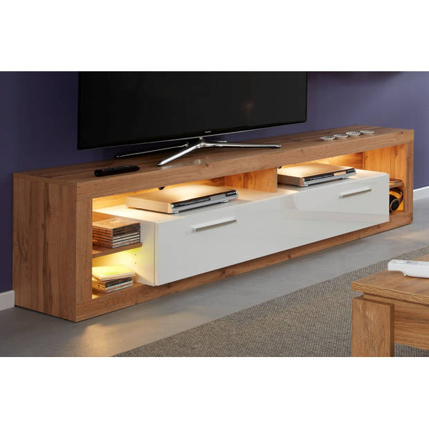 Rock TV-meubel 200 cm 1 vouwbaar, 4 open vakken Wotan eiken decor, wit, wit hoogglans.