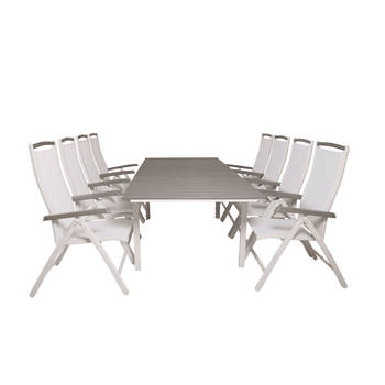 Levels tuinmeubelset tafel 100x160/240cm en 8 stoel 5posalu Albany wit, grijs.