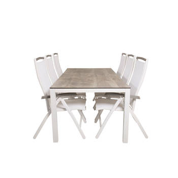 Llama tuinmeubelset tafel 100x205cm en 6 stoel 5posalu Albany wit, grijs, crèmekleur.