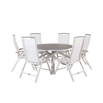 Copacabana tuinmeubelset tafel Ø140cm en 6 stoel 5posalu Albany wit, grijs, crèmekleur.