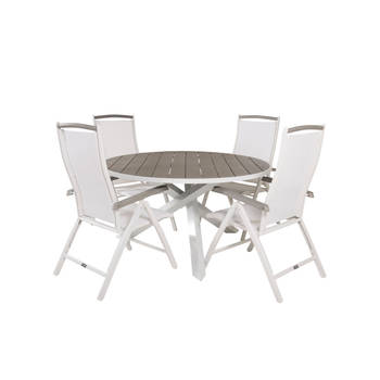 Parma tuinmeubelset tafel Ø140cm en 4 stoel 5posalu Albany wit, grijs.