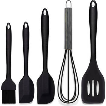 HI NATURE™ Spatel set van 5 stuks - Spatel silicone set - keukengerei set - Keukenspatel Hittebestendig (Zwart)