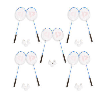 5 Sets met in totaal 10 Badmintonrackets en 15 Shuttles aluminium/bio plastic Rackettas blauw tennistas