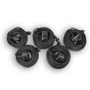 5x Robuust Rubber Verlengsnoer met 2 stopcontacten – cable - 3G1.5MM² - Zwarte - Max 3500 Watt, 20m Kabellengte - IP44 -