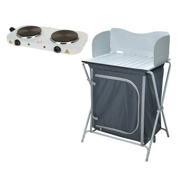 HIXA Campingkast Campingkeuken - Opbouwbaar - met Electrische Kookplaat - 60x45x64cm - Grijs