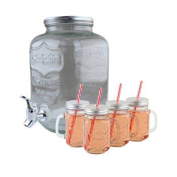 OTIX Drankdispenser - Limonadetap - Glas 4l - met Drinkbekers - Mason jar - Set van 4