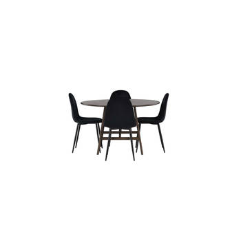 Kaseindon eethoek tafel bruin en 4 Polar stoelen zwart.