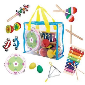 Ecotoys 14-Delige Houten Muziekinstrumenten Set - Educatief Speelgoed Voor Kinderen - Inclusief Opbergtas