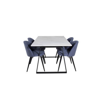 Estelle eethoek eetkamertafel marmer wit en 4 Velvet eetkamerstal blauw.