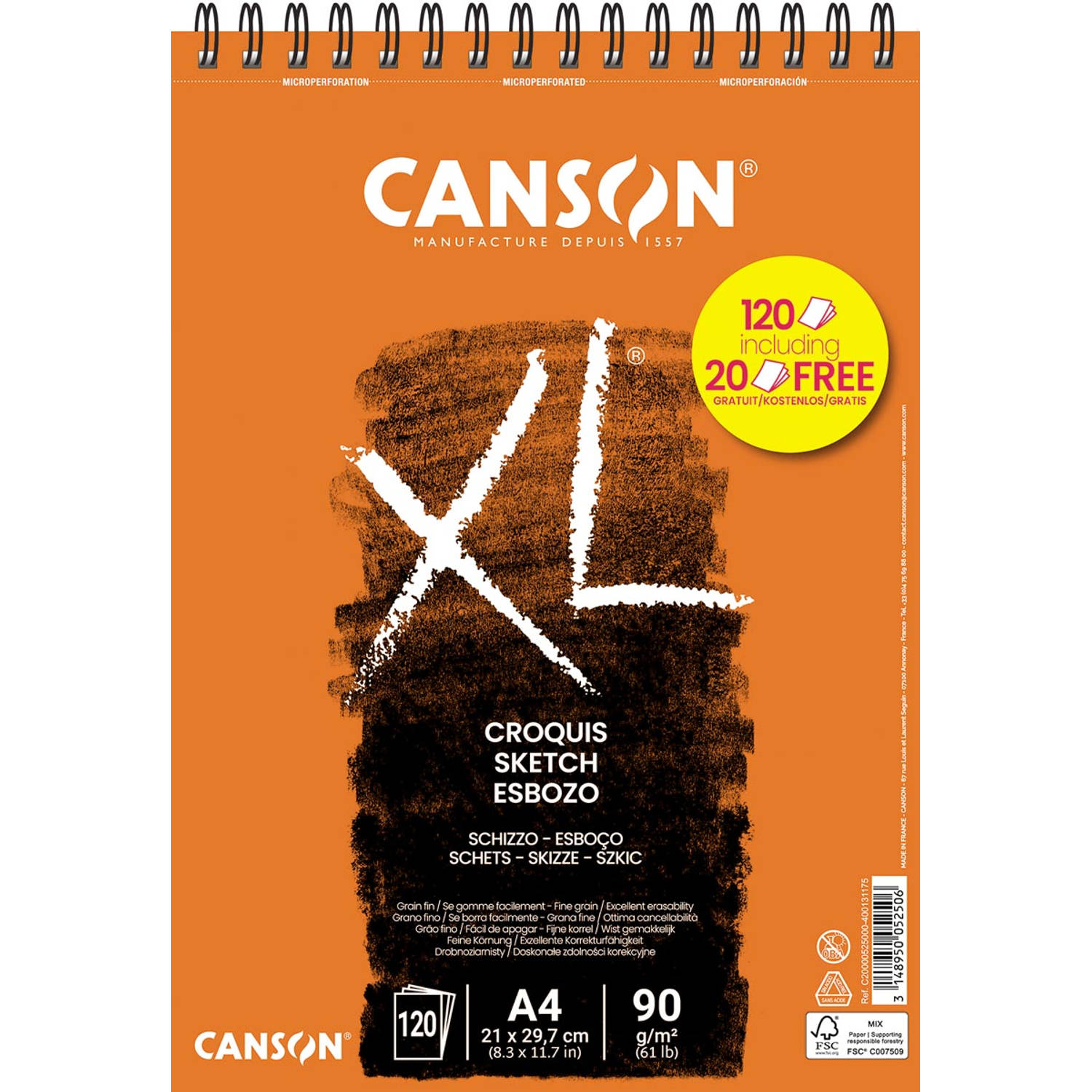 Canson schetsblok XXL, 90 g/m², ft A4, 100 + 20 vel gratis 5 stuks