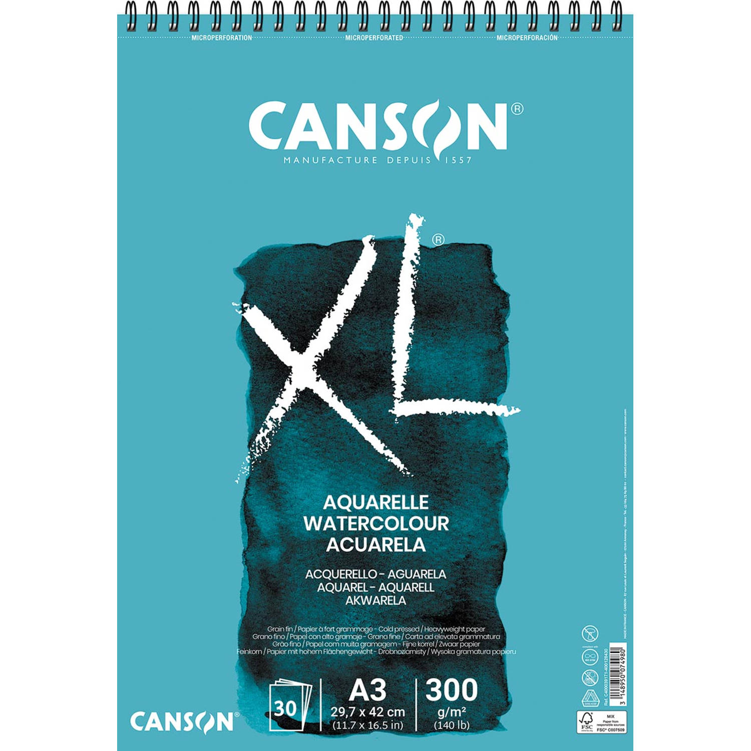 Canson schetsblok xl aquarelle 300g-m² ft a3, 30 vel