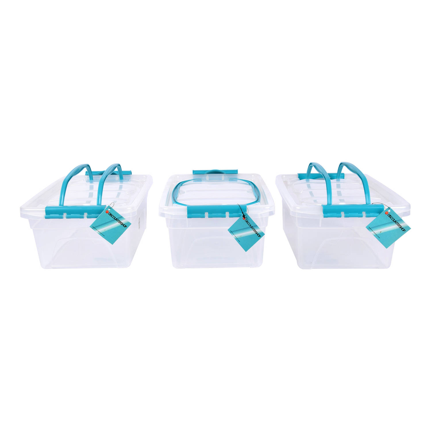 Set van 3 Opbergbox met Deksel Transparant 5 Liter - Kunststof met Sky Blauw Handvat - 30x20.5x12.5cm - Lichtgewicht - Opbergruimte Voor Diverse Huishoudelijke Spullen