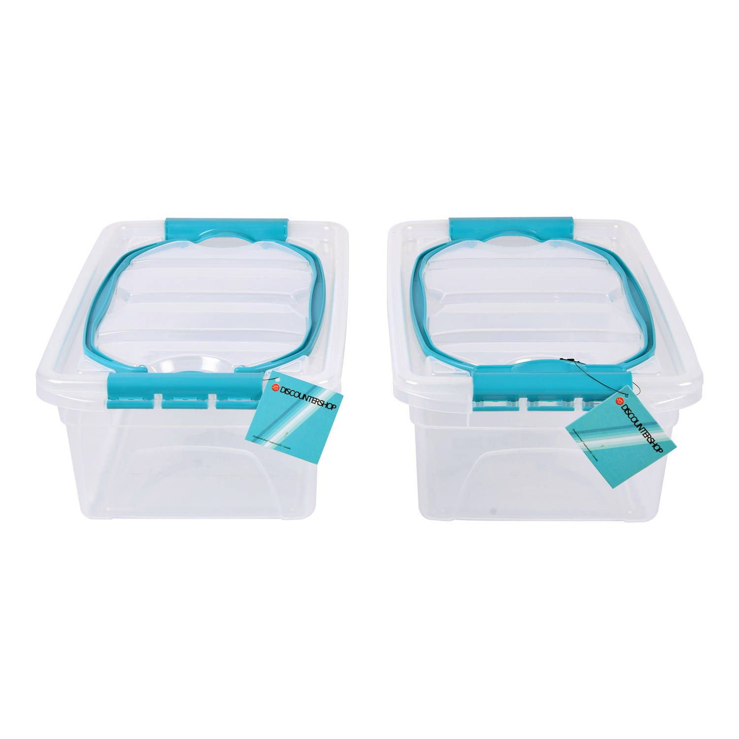 Set van 2 Opbergbox met Deksel Transparant 5 Liter - Sky Blauw Handvat - Kunststof - 30x20.5x12.5cm - Lichtgewicht - Opbergruimte Voor Diverse Huishoudelijke Spullen