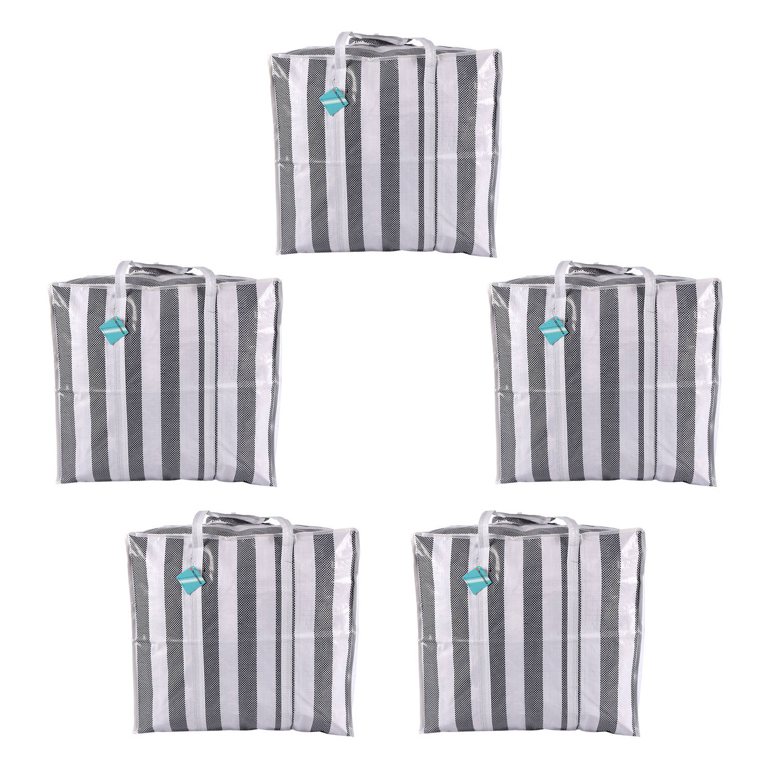 Set van 5 Zwarte&Wit Gestreepte Boodschappentassen - Reistas met Sterke Handvatten - Met Rits - Opvouwbaar - 55cm x 30cm x 50cm - Plastic - 82 Liter Big Shopper