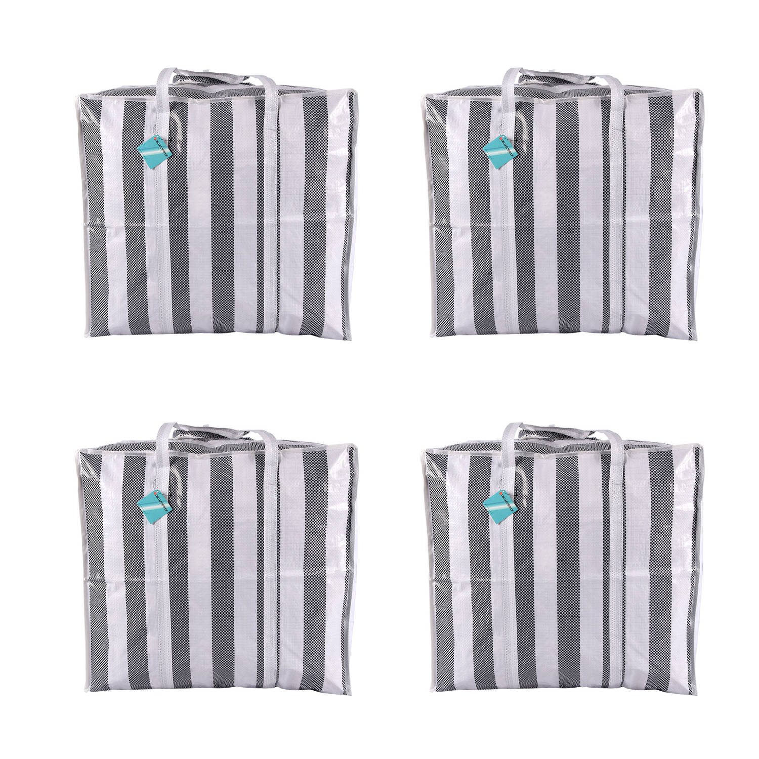 Set van 4 Opvouwbare Zwarte&Wit Gestreepte Boodschappentassen – Reistas met Sterke Handvatten - Met Rits - 55cm x 30cm x 50cm - Plastic - 82 Liter Opbergtas