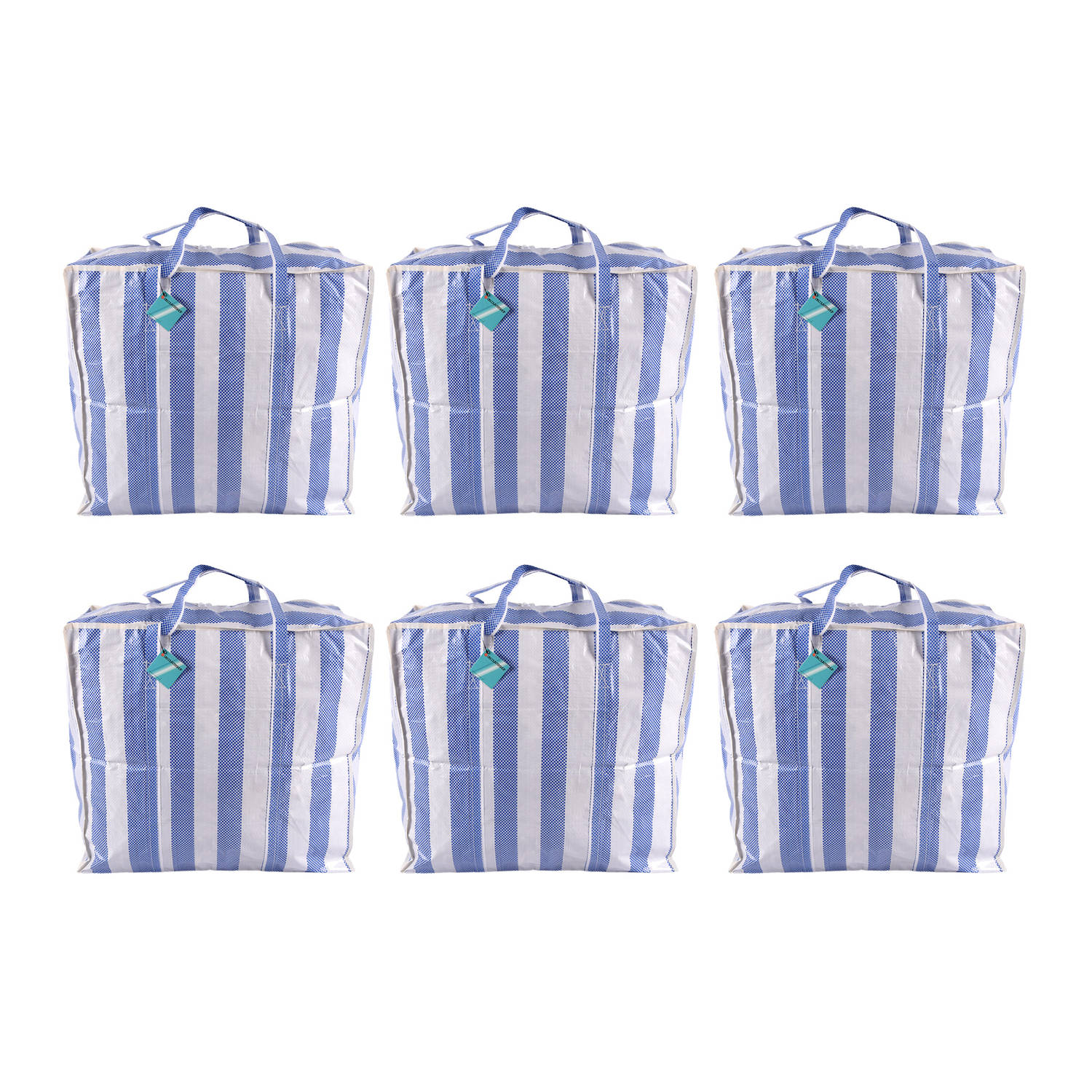 Set van 6 Boodschappentas - Sterke Handvatten - Blauw & Wit Opbergtas - 82 Liter Capaciteit - 55x30x50cm - Jumbo Shopper Tas
