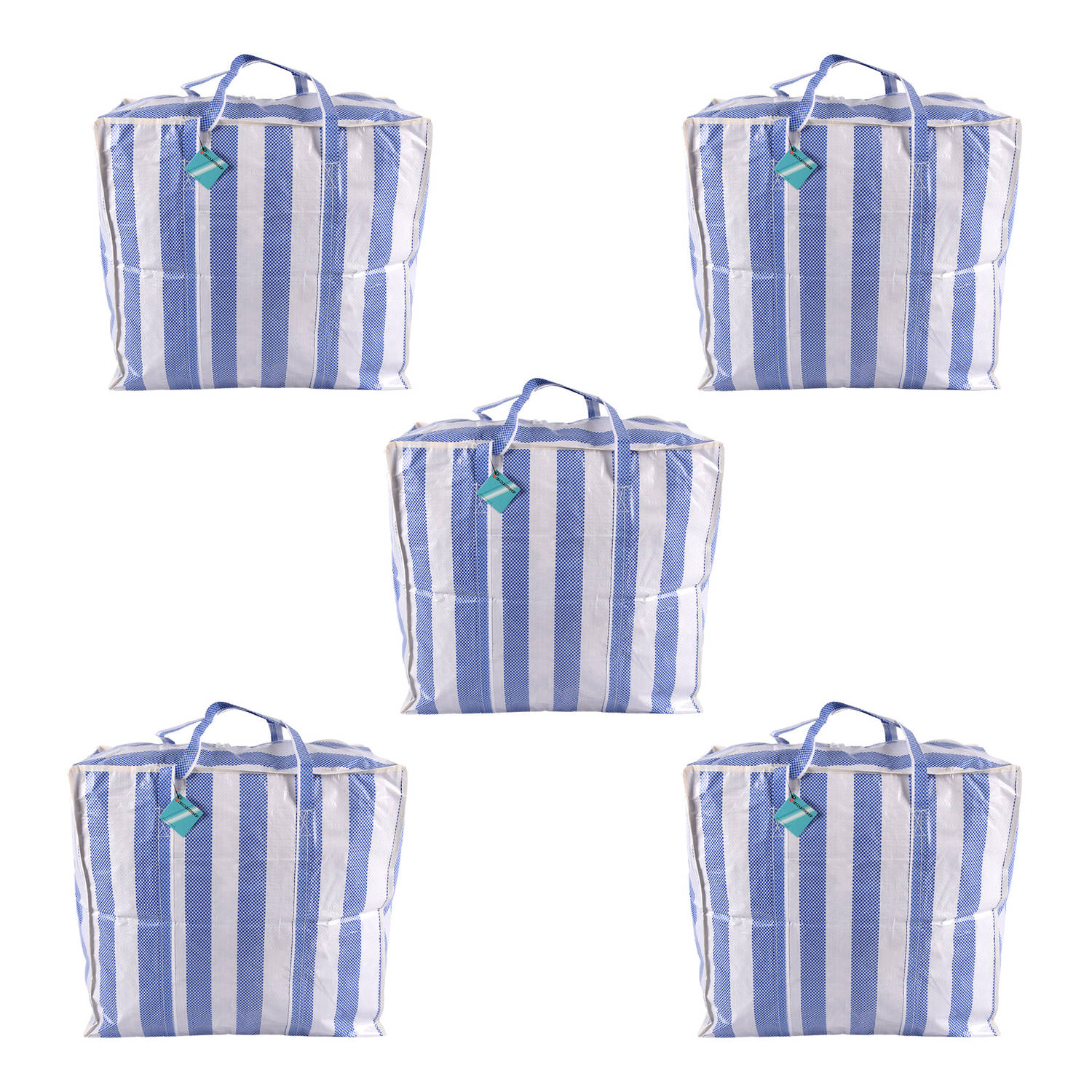 Set van 5 Boodschappentas - Sterke Handvatten - Blauw & Wit - 82 Liter Capaciteit - 55x30x50cm - Jumbo Plastic Shopper Tas
