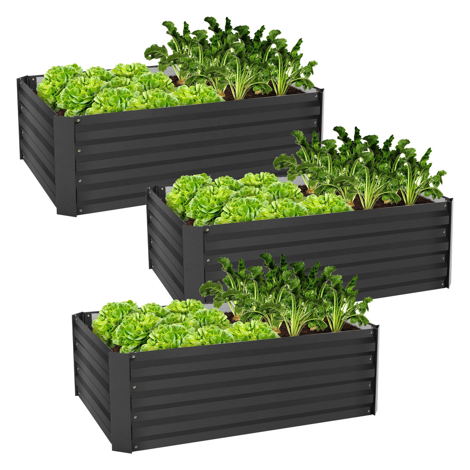 ML-Design Set van 3 verhoogde tuinbedden van metaal voor in de tuin, 90x60x30 cm, 150 liter, antraciet, weerbestendig, roestvast, buiten, plantbed bloembak tuinbed groentebed koud