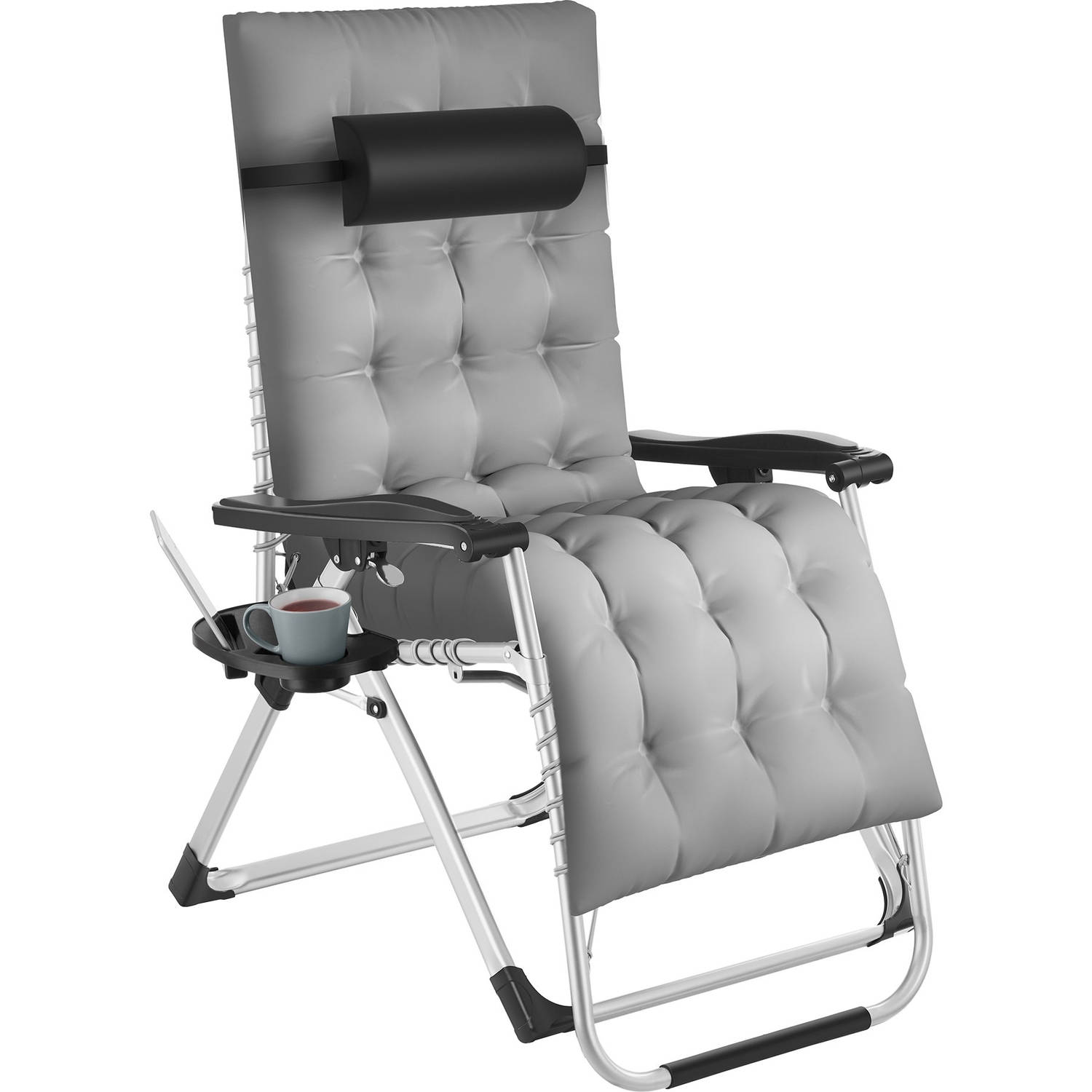 tectake® - ligbed opklapbare ligstoel, traploos verstelbaar, ligstoel extra dik kussen, belastbaar tot 200 kg (grijs)