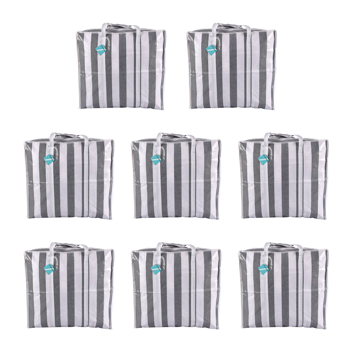 Set van 8 Jumbo Shopper XXL - Boodschappentassen met Rits - Sterke Handvatten - Zwarte&Wit Gestreepte - Opvouwbaar - 55cm x 30cm x 50cm - Plastic - 82 Liter