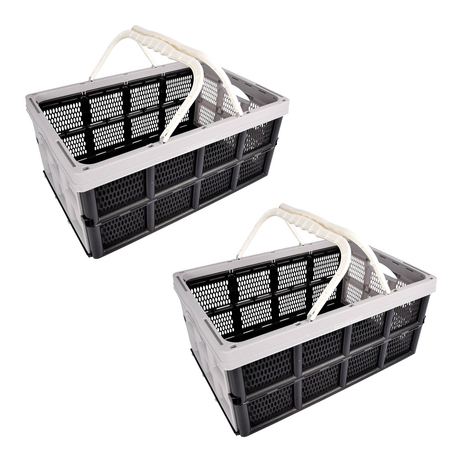 Twee Handige Opvouwbare Plastic Opbergboxen 40 Liter Grijs-Zwart Met Dubbele Zijhandvatten Afmetinge