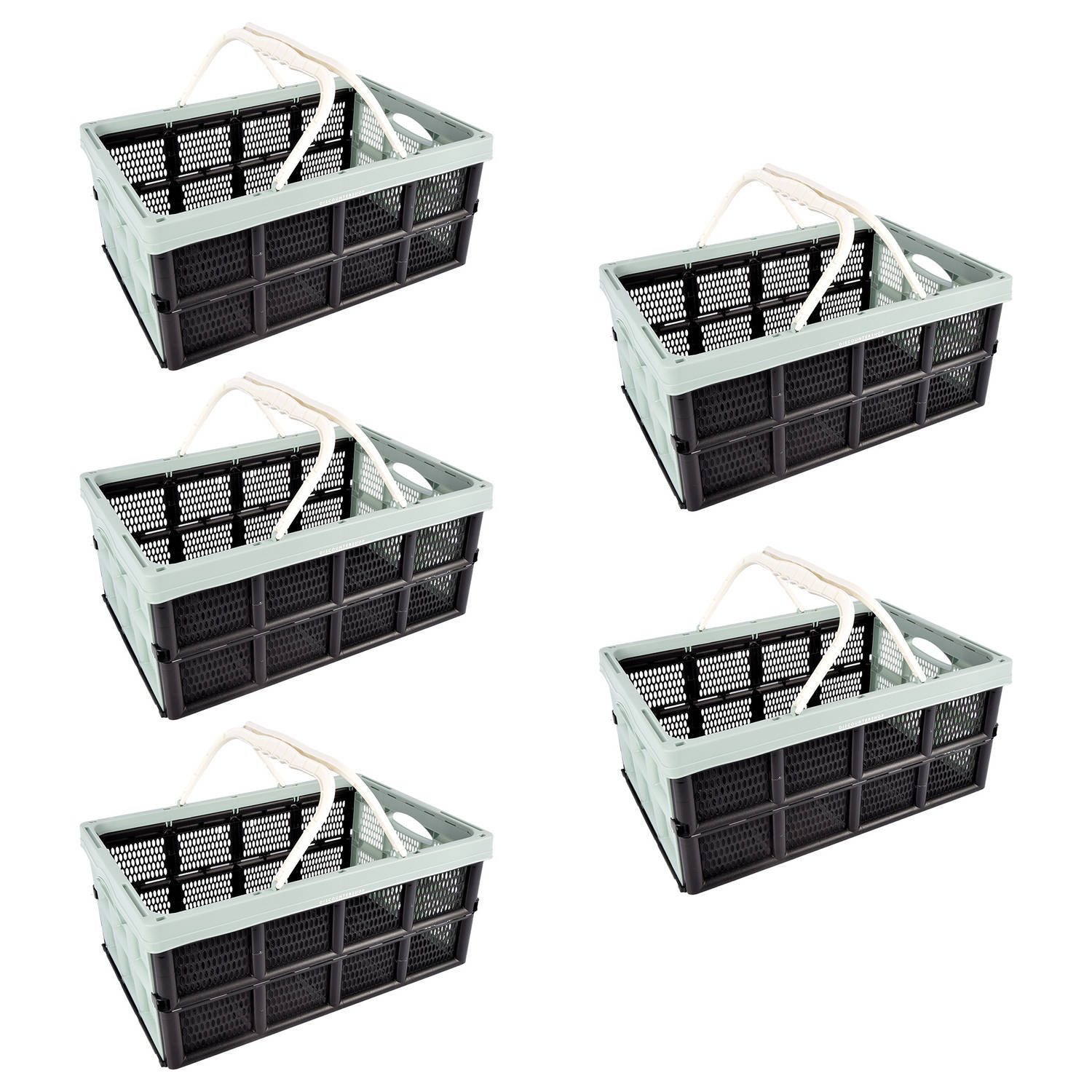 Set van 5 Multifunctionele Vouwkratten Met Hengsel - 40 Liter - Groen/Zwart - Draagbaar en Ruimtebesparend - Ideaal Opslagbakjes voor Diverse Spullen - 50x34x24cm