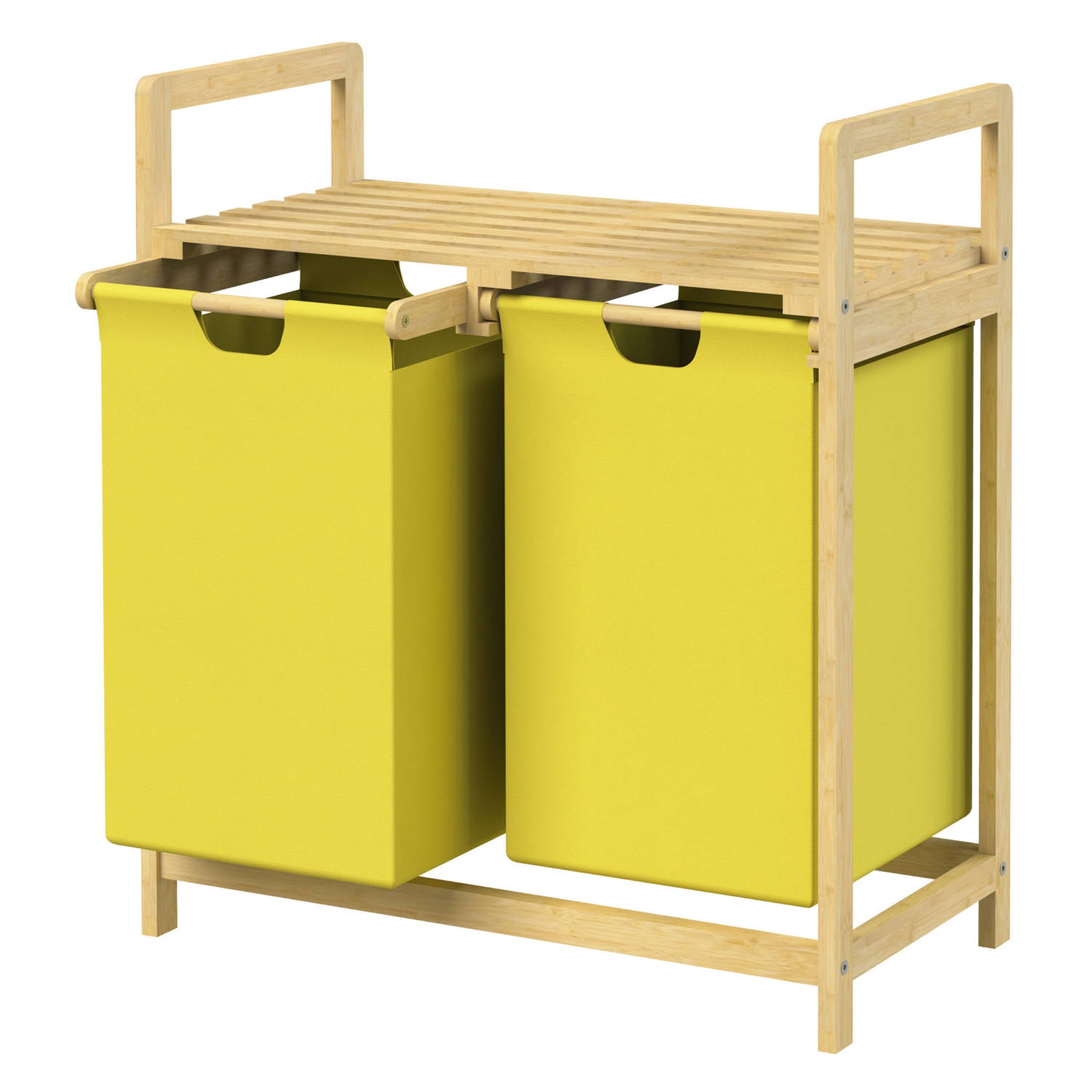 Wasmand met twee uittrekbare waszakken geel 2x30 liter bamboe houten frame ML design