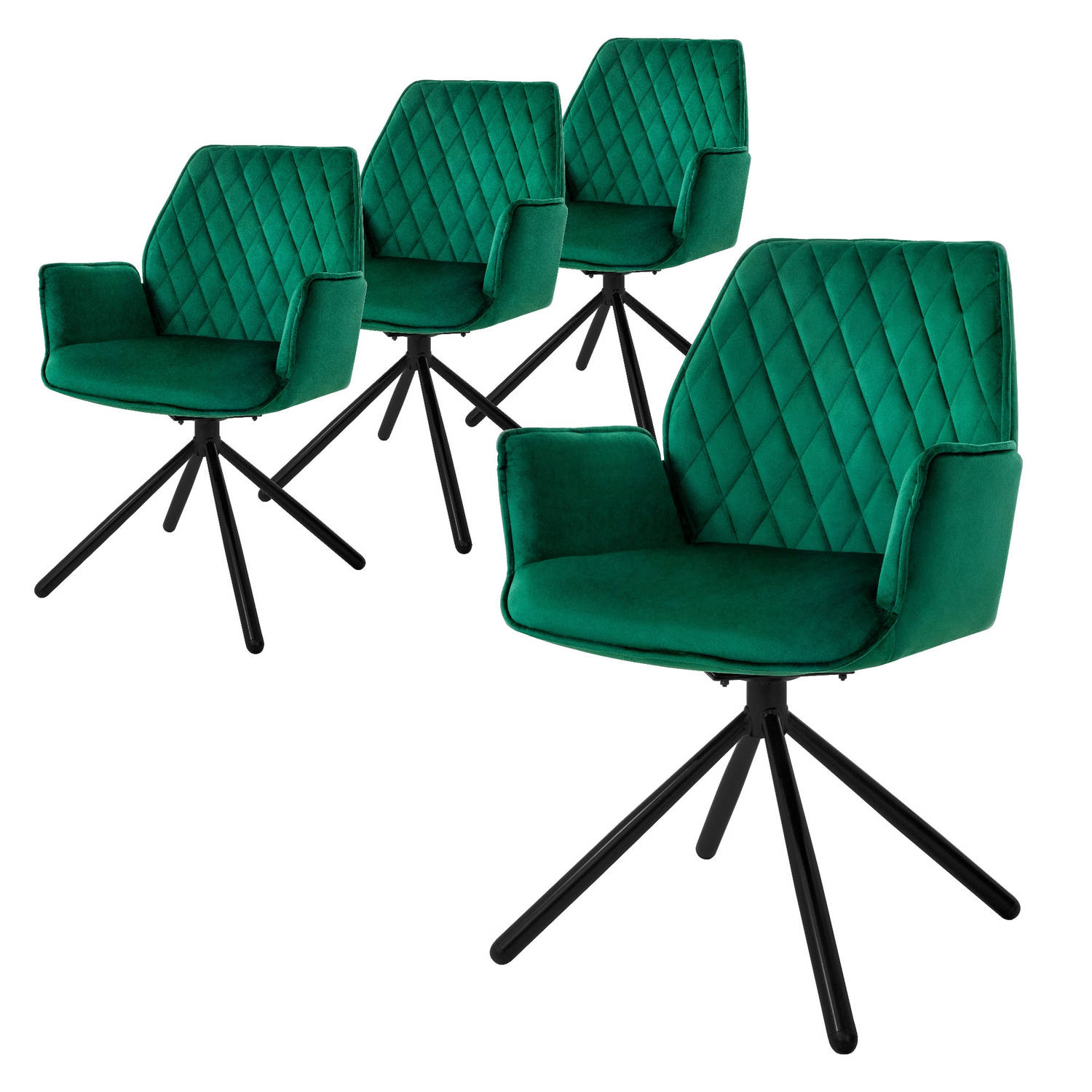 ML-Design eetkamerstoelen set van 4 fluweel donkergroen, woonkamerstoel met arm en rugleuning, draaistoel autostoel, gestoffeerde stoel met metalen poten, ergonomische draaifauteui