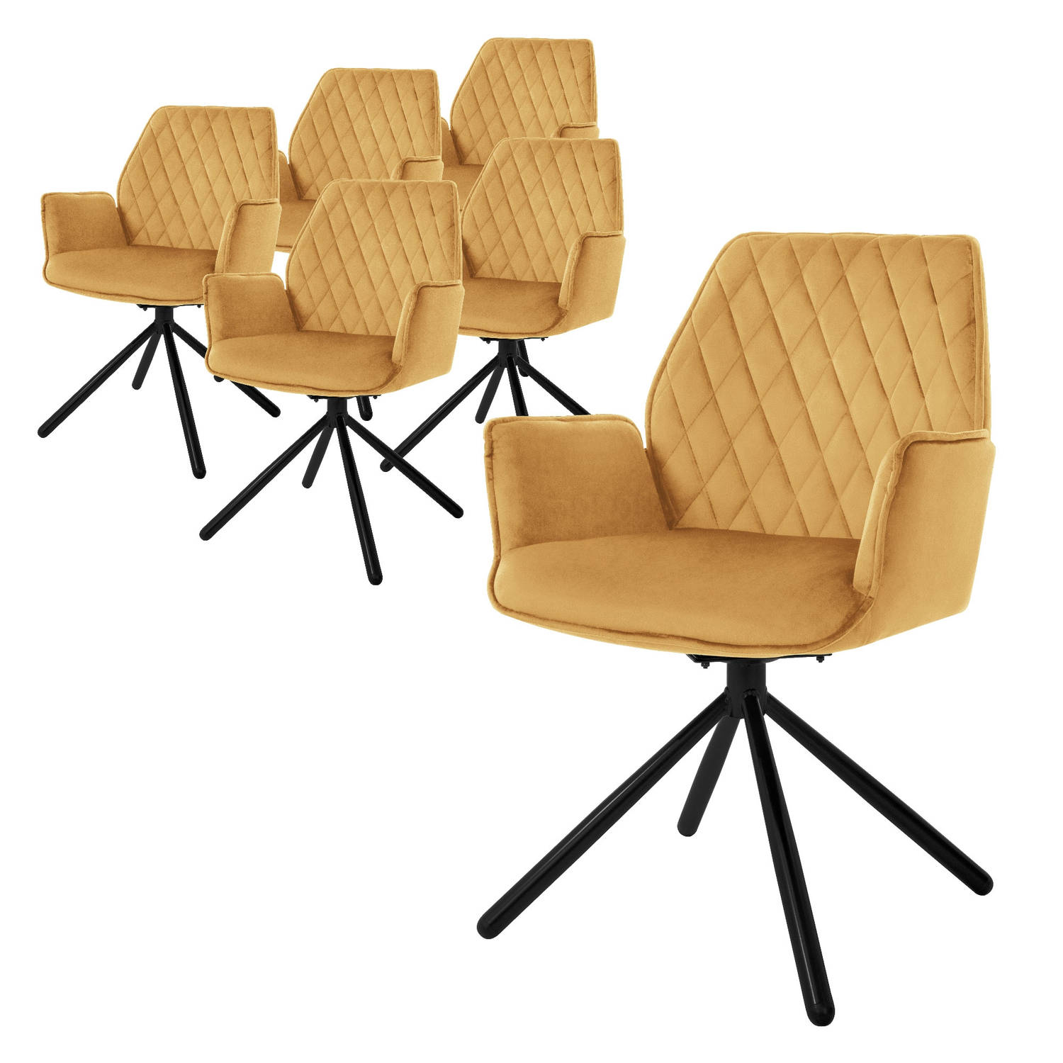 ML-Design eetkamerstoelen set van 6 fluwelen mosterdgeel, woonkamerstoel met arm en rugleuning, draaistoel autostoel, gestoffeerde stoel met metalen poten, ergonomische/draaibare f