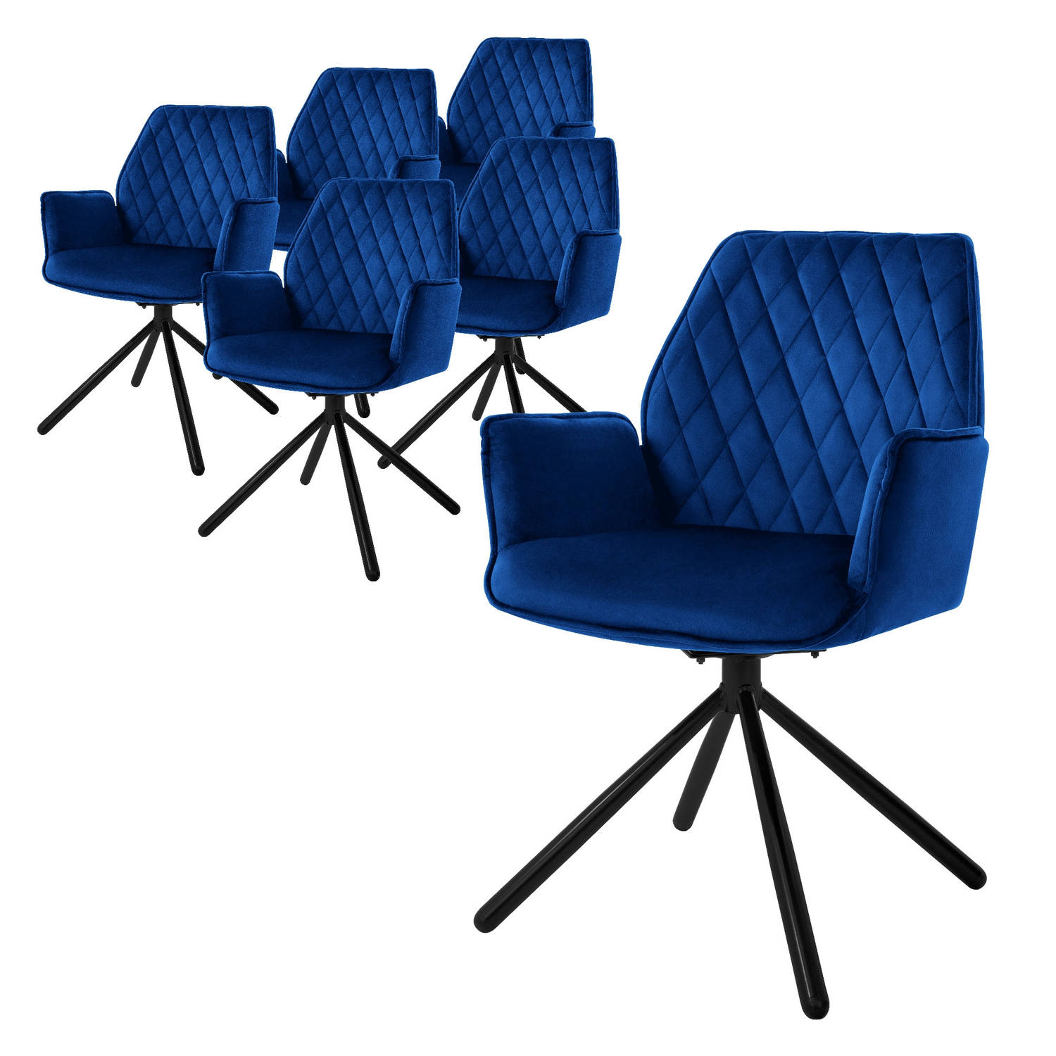 ML-Design eetkamerstoelen set van 6 fluweel donkerblauw, woonkamerstoel met armleuning en rugleuning, draaistoel autostoel, gestoffeerde stoel met metalen poten, ergonomische/draai