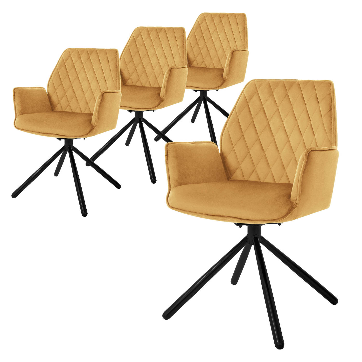 ML-Design eetkamerstoelen set van 4 fluwelen mosterdgeel, woonkamerstoel met arm en rugleuning, draaistoel autostoel, gestoffeerde stoel met metalen poten, ergonomische draaifauteu