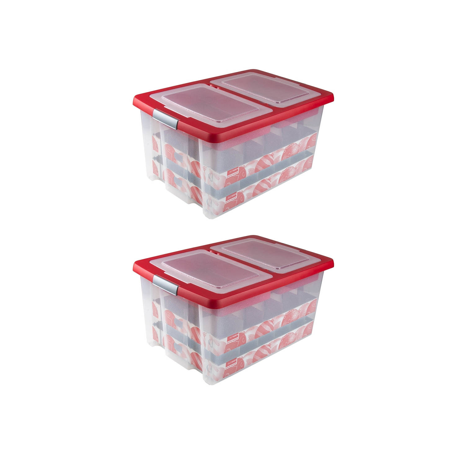 Nesta Kerstballen Opbergbox 51L - Set van 2 - Trays voor 40 kerstballen - Transparant/rood