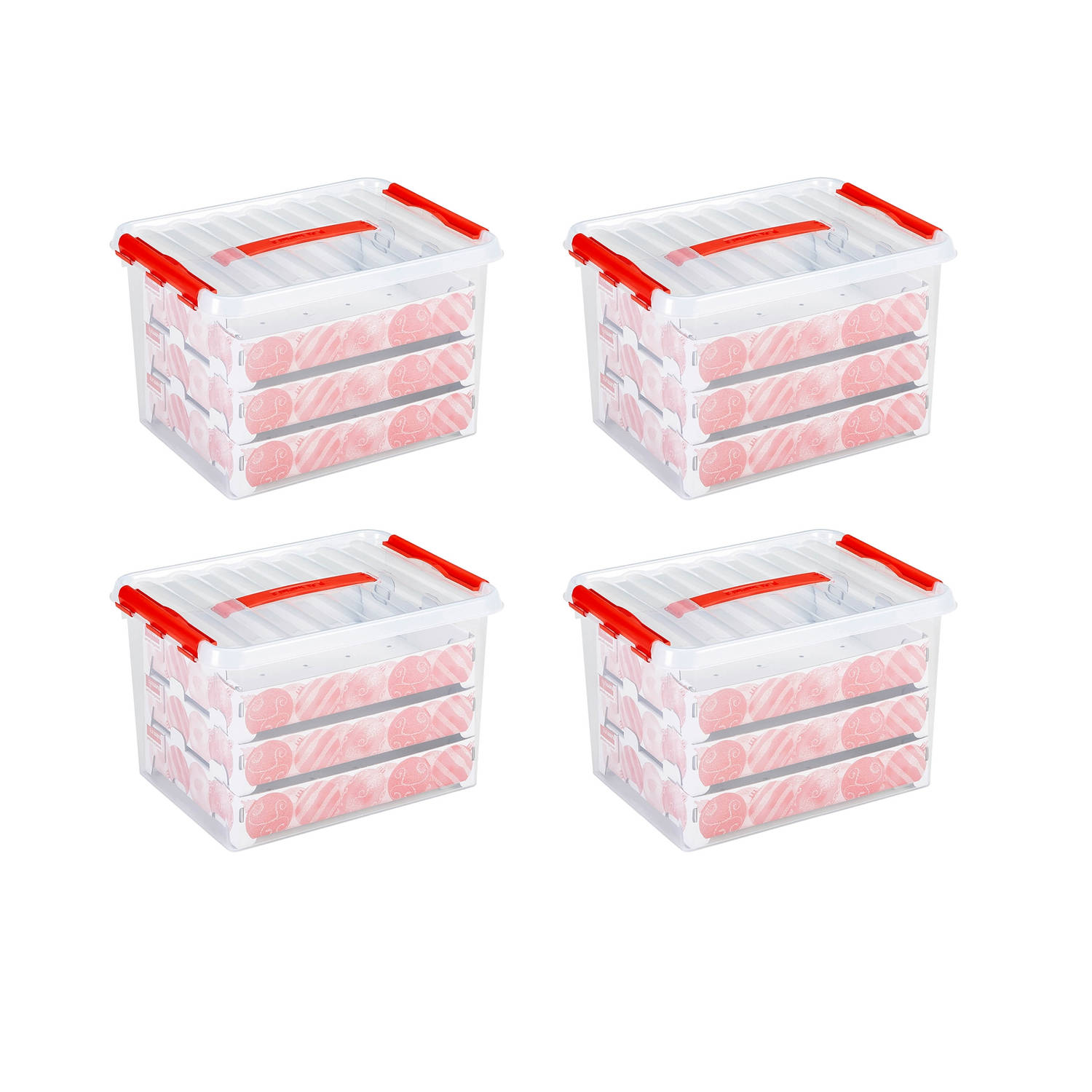 Set van 4 Q-line kerst opbergbox 22L met trays voor 60 kerstballen transparant rood