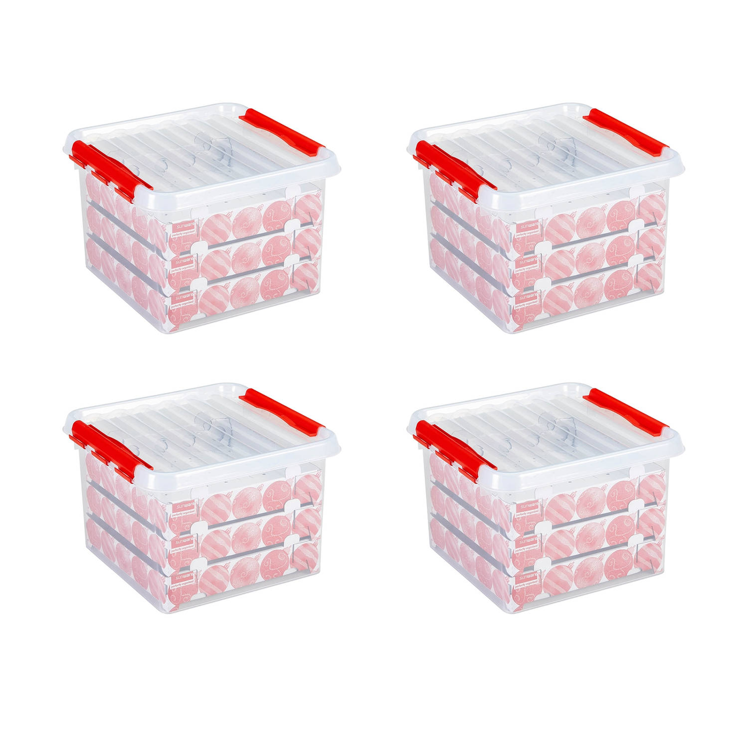 Set van 4 Q-line kerst opbergbox 26L met trays voor 75 kerstballen transparant rood