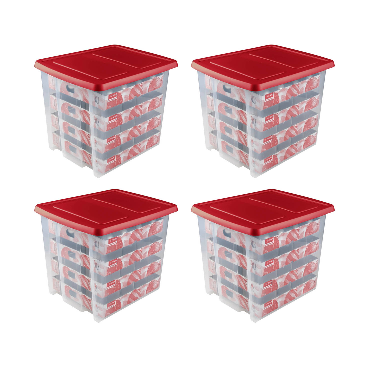 Nesta Kerstballen Opbergbox 45L - Set van 4 - Trays voor 64 kerstballen - Transparant/rood