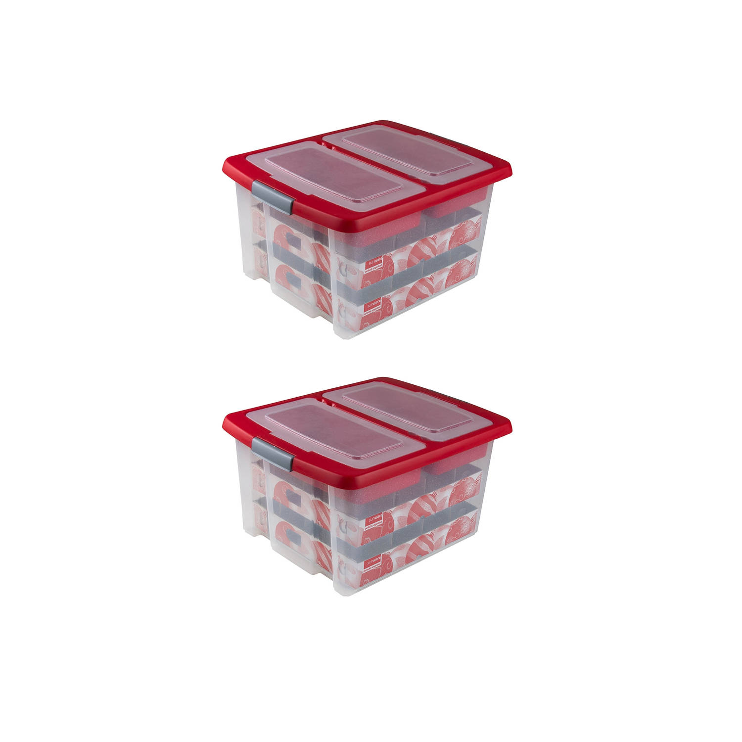 Set van 2 Nesta kerst opbergbox 32L met trays voor 32 kerstballen transparant rood