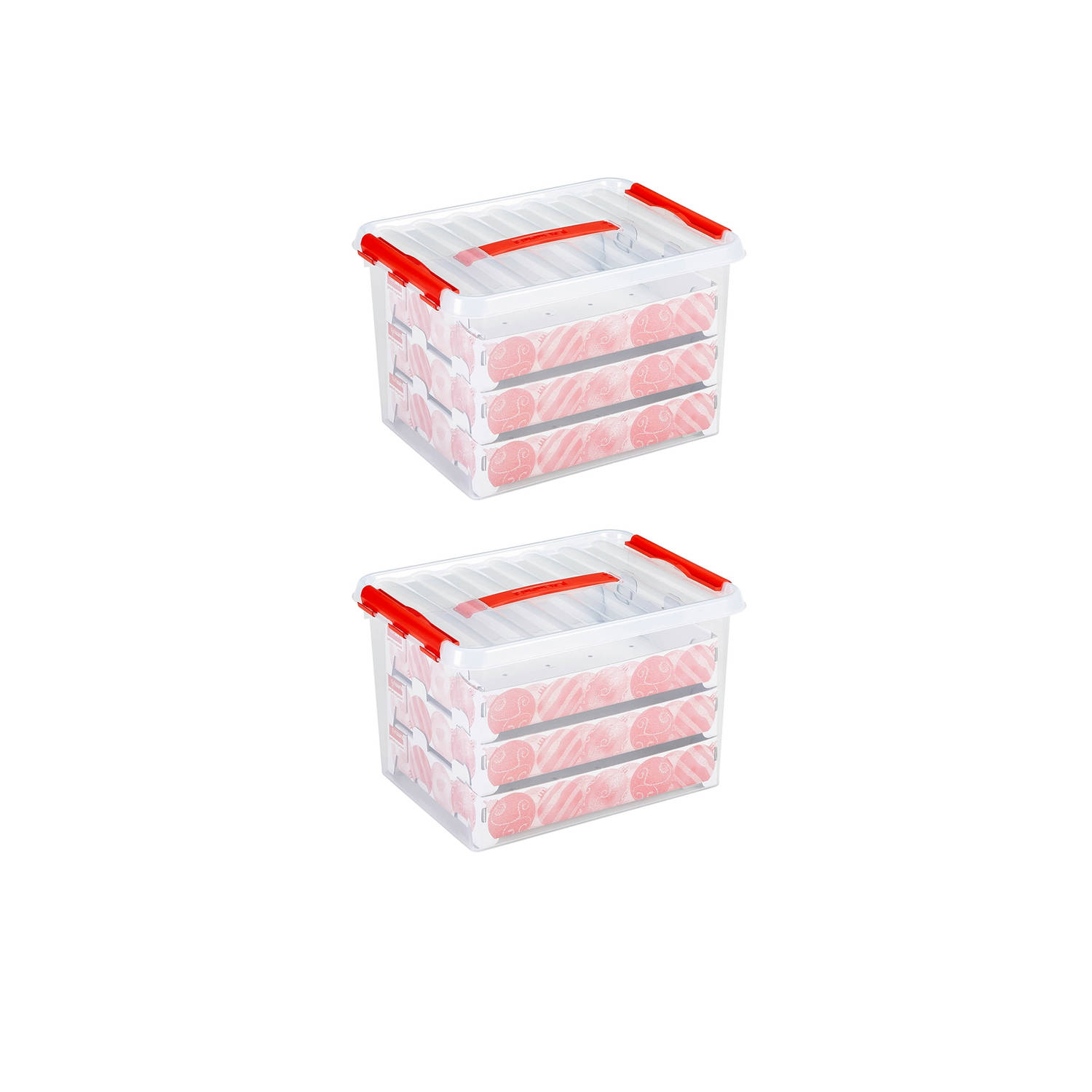 Set van 2 Q-line kerst opbergbox 22L met trays voor 60 kerstballen transparant rood
