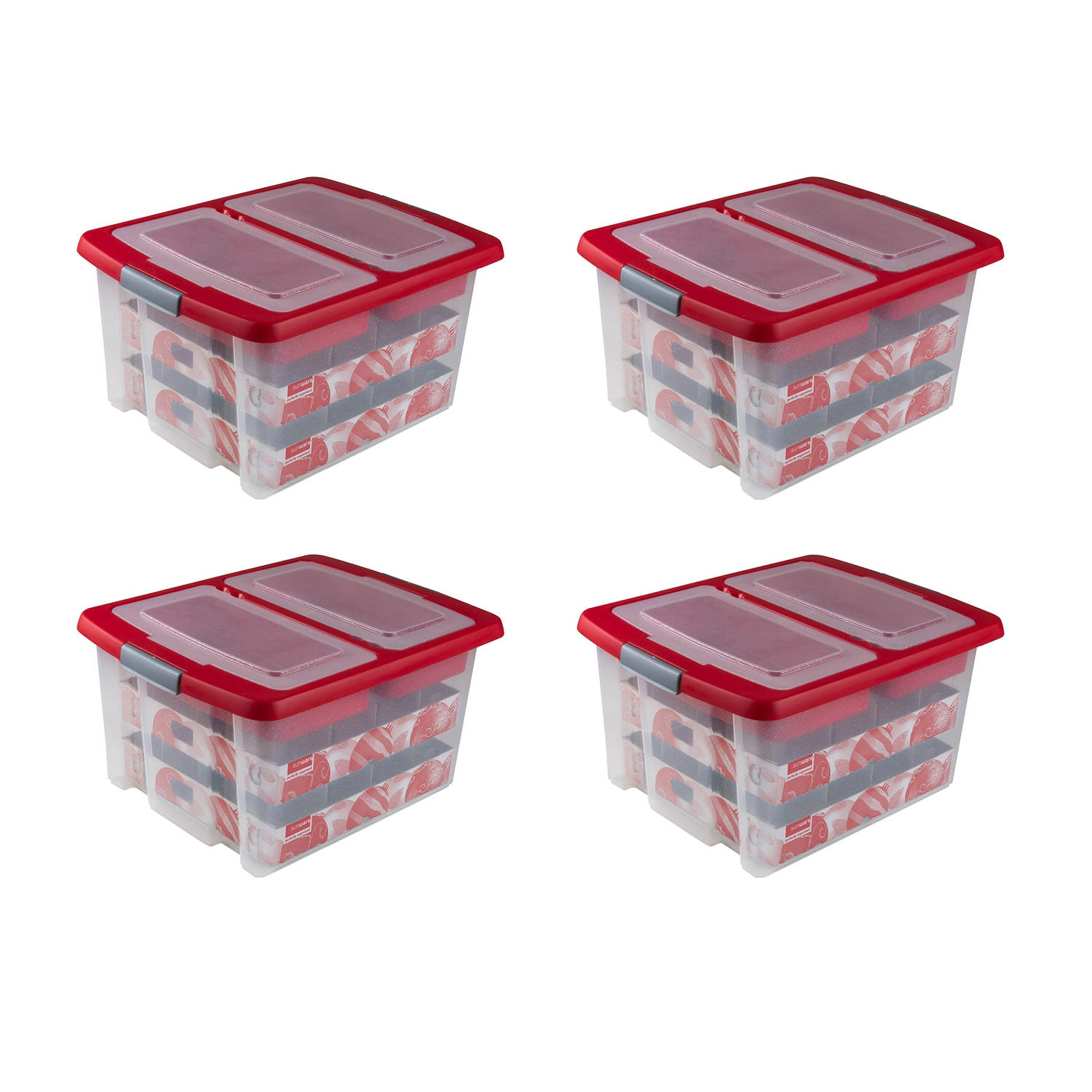 Set van 4 Nesta kerst opbergbox 32L met trays voor 32 kerstballen transparant rood