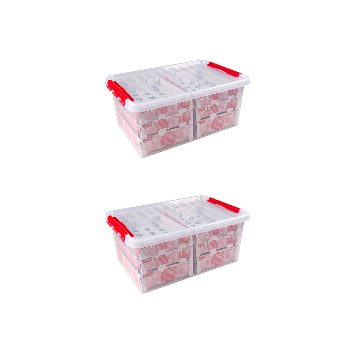 Set van 2 Q-line kerst opbergbox 45L met trays voor 98 kerstballen transparant rood
