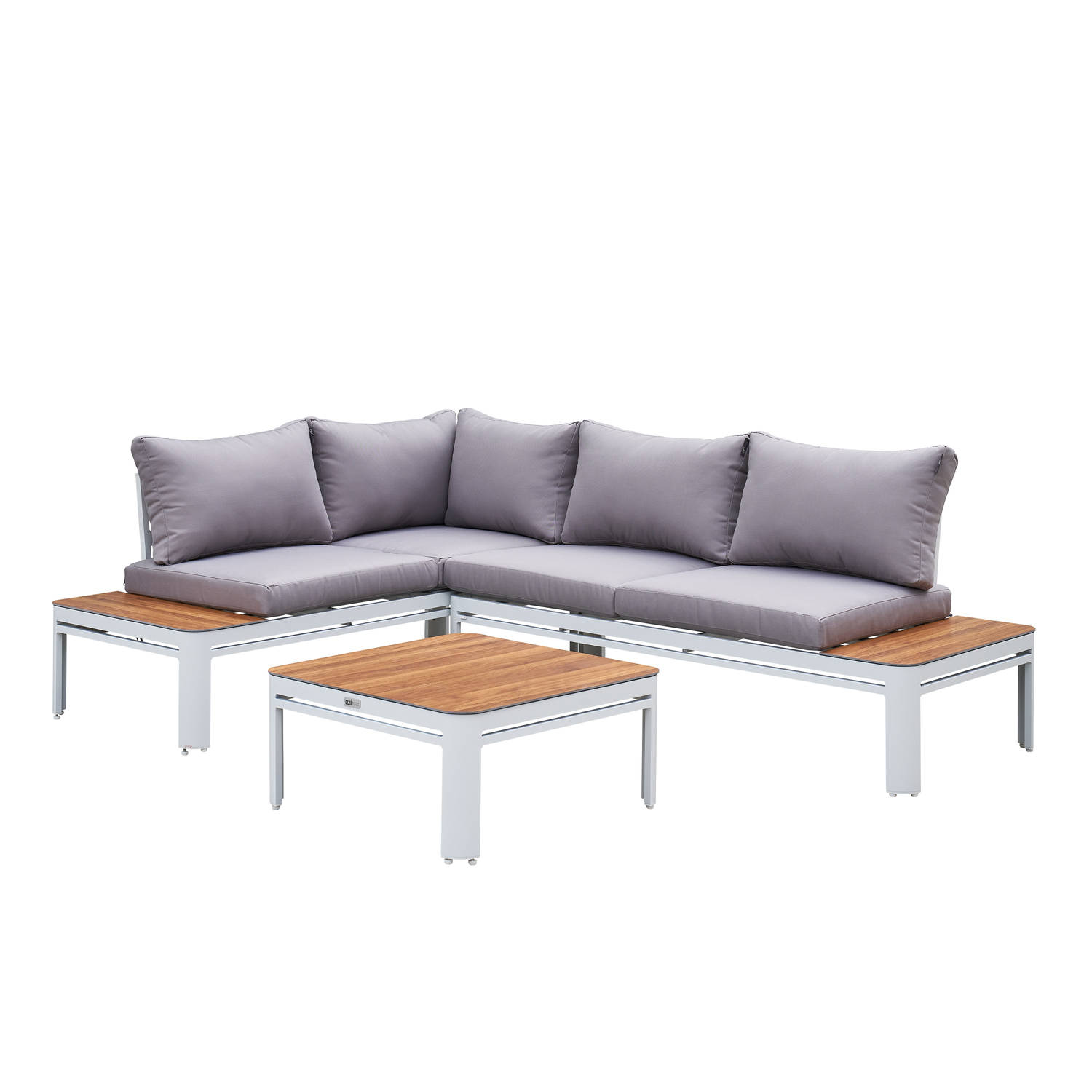 AXI Eos Loungeset met ligbed Wit met Hout-look PSPC – Hoekset met tafel - Gepoedercoat aluminium frame – Geïntegreerd ligbed - PSPC tafelblad