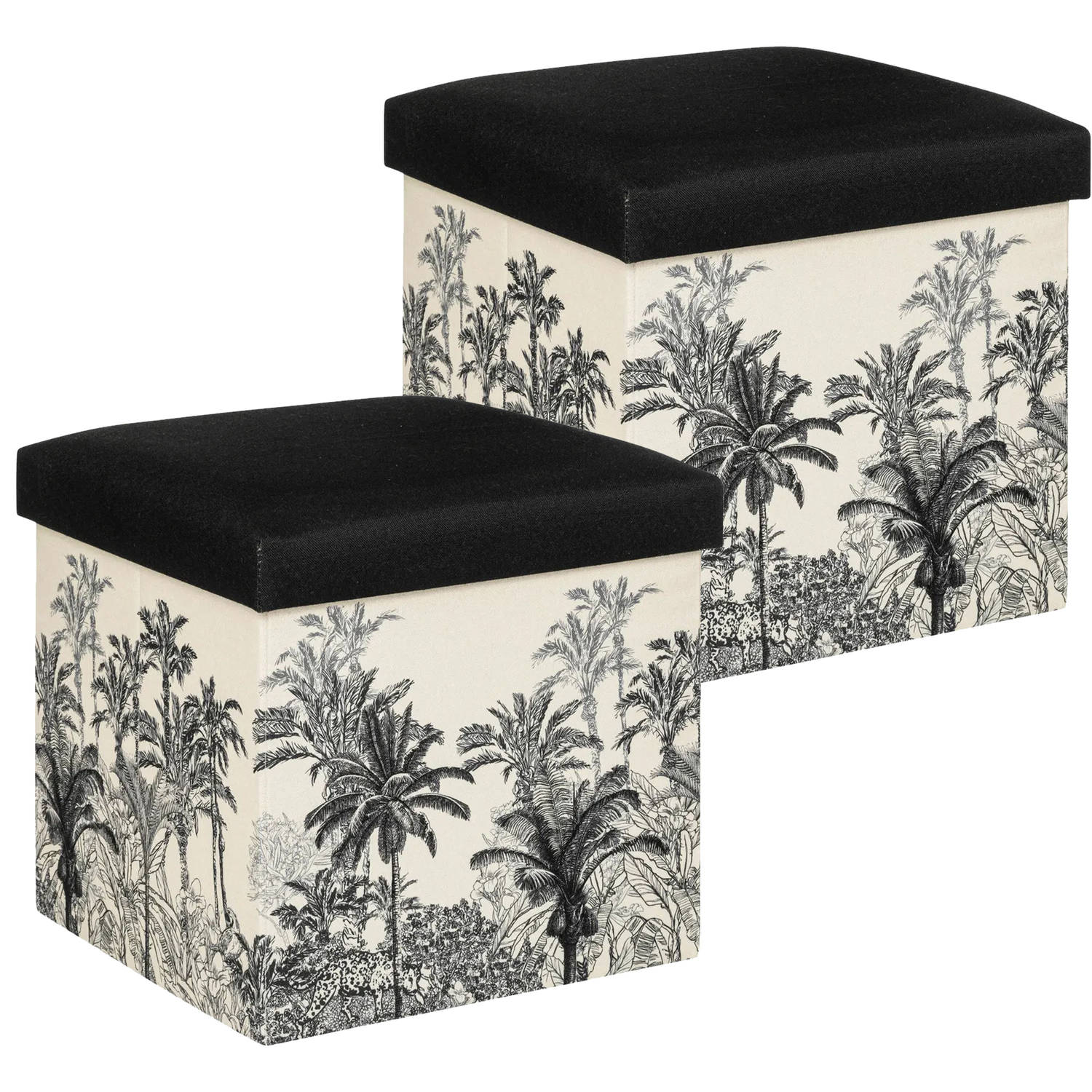 Atmosphera Poef-krukje-hocker Palmtrees 2x Opvouwbare opslag box creme wit-zwart D39 x H39 cm Poefs