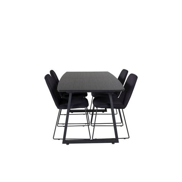 IncaBLBL eethoek eetkamertafel uitschuifbare tafel lengte cm 160 / 200 zwart en 4 Muce eetkamerstal zwart.