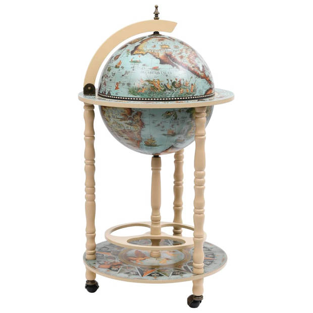 The Living Store Globebar - Wereldbol - Massief hout - 36 cm - Blauw/wit - Met wieltjes - Geopend- 47x47x102 cm -