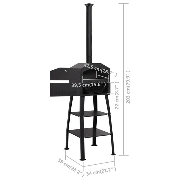 The Living Store houtskooloven - Zwart - 54 x 59 x 203 cm - Ingebouwde thermometer