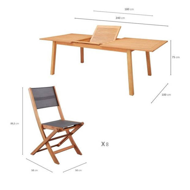 Tuinset 6 tot 8 personen - Uitschuifbare tafel 180-240 x 100 cm + 6 textileen stoelen - FSC Eucalyptus hout
