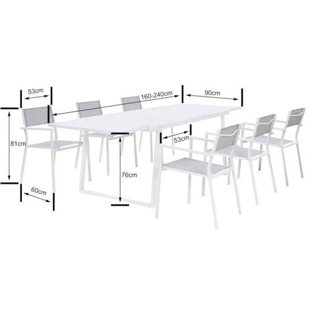 Garden Meal Set - uitschuifbare tafel 160-240 cm en 6 fauteuils - Aluminium frame - Wit