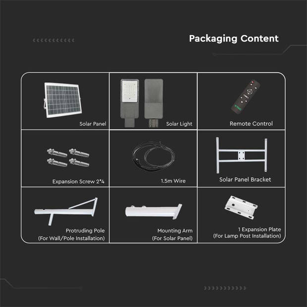 V-TAC VT-15111ST Solarlampen - Straatlantaarns op zonne-energie - IP65 - 2500 Lumen - 4000K