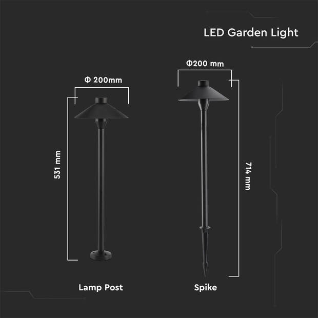 V-TAC VT-907 Buitenverlichting - Tuinspieslampen - Samsung - IP65 - Zwart - 7 Watt - 420 Lumen - 6400K